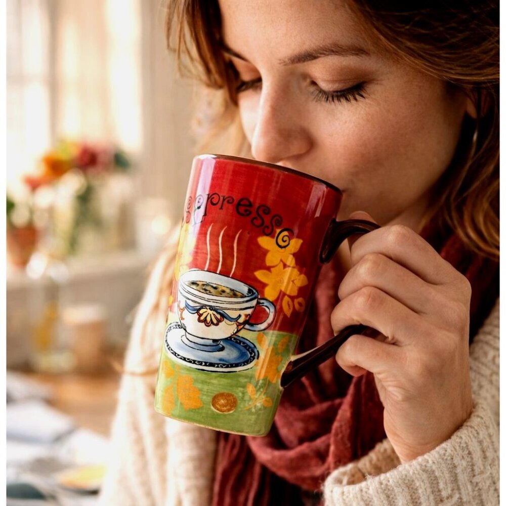 Espresso Hand Painted Floral Cafe Art Tumbler Mug Warm Cottage Kitchen Decor Red - Picture 9 of 10
